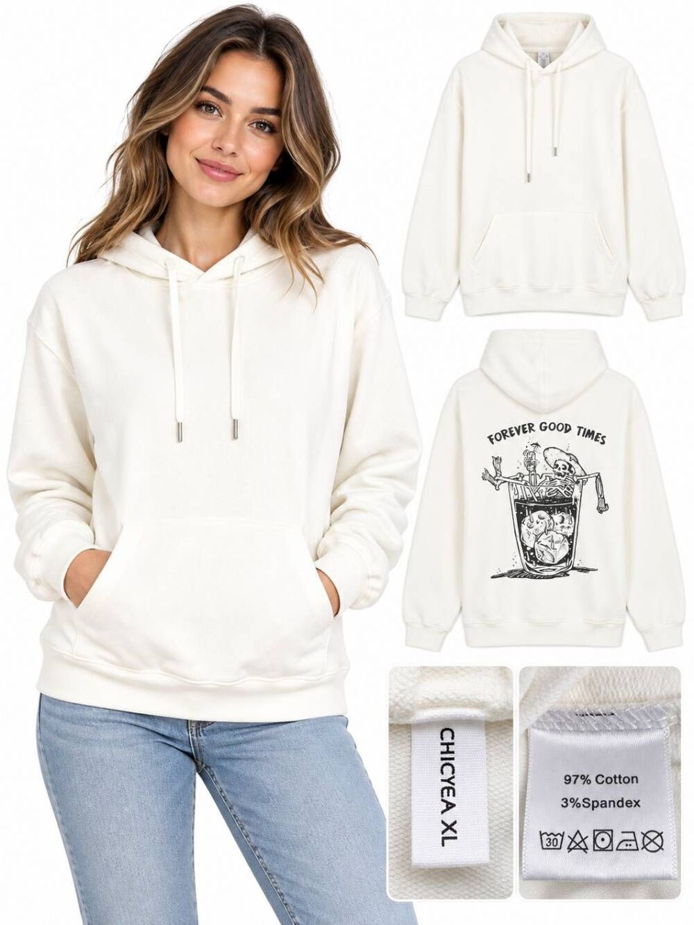 Chicyea Womens Graphic Hoodie White Pullover XL